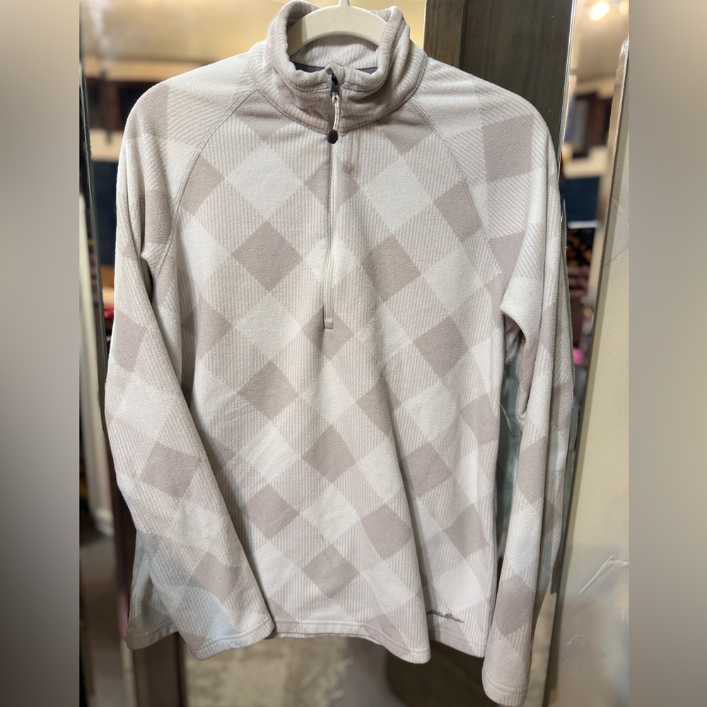 Eddie Bauer Beige Checkered Sweatshirt women’s half zip large
